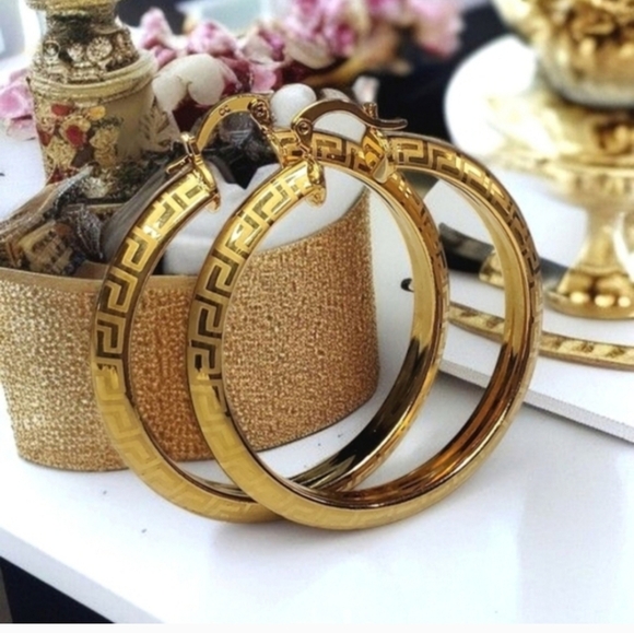 18k Gold Plated Luxury Greek Key Hoop Earrings - Picture 5 of 5